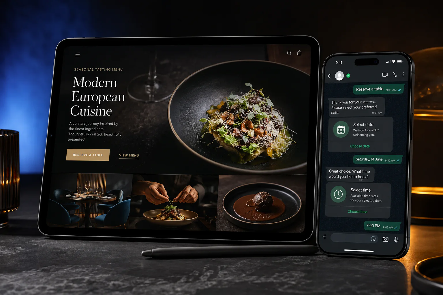 Concept de site gastronomique avec parcours WhatsApp de réservation